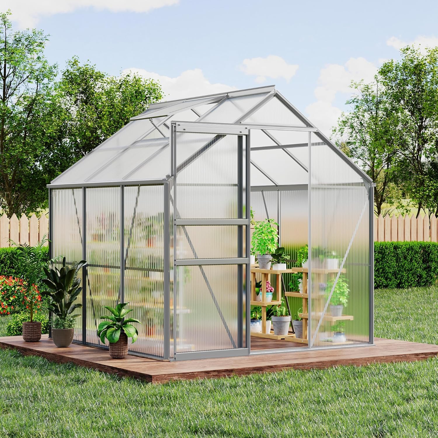 Garvee 6x6 FT Polycarbonate Greenhouse Kit for Outdoors – Durable Aluminum Frame, Sliding Lockable Door, Adjustable Roof Vent, Gutter System, Easy Assembly, Ideal for Garden, Patio, Backyard