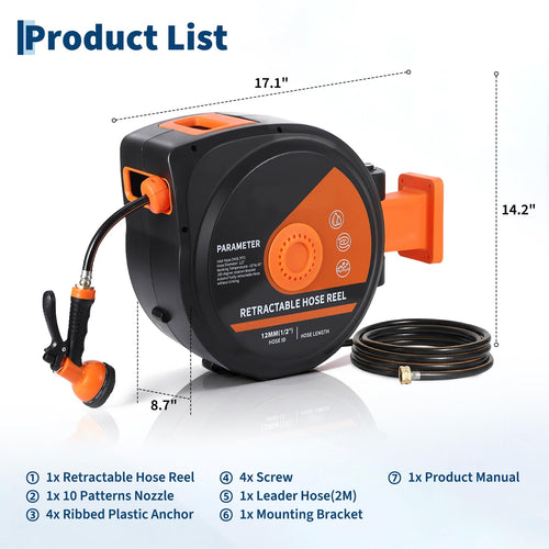 Garvee 1/2" × 65 FT Retractable Garden Hose Reel, Wall-Mounted with 10-Pattern Spray Nozzle, 180° Swivel Bracket, Slow Auto Rewind and Any-Length Lock