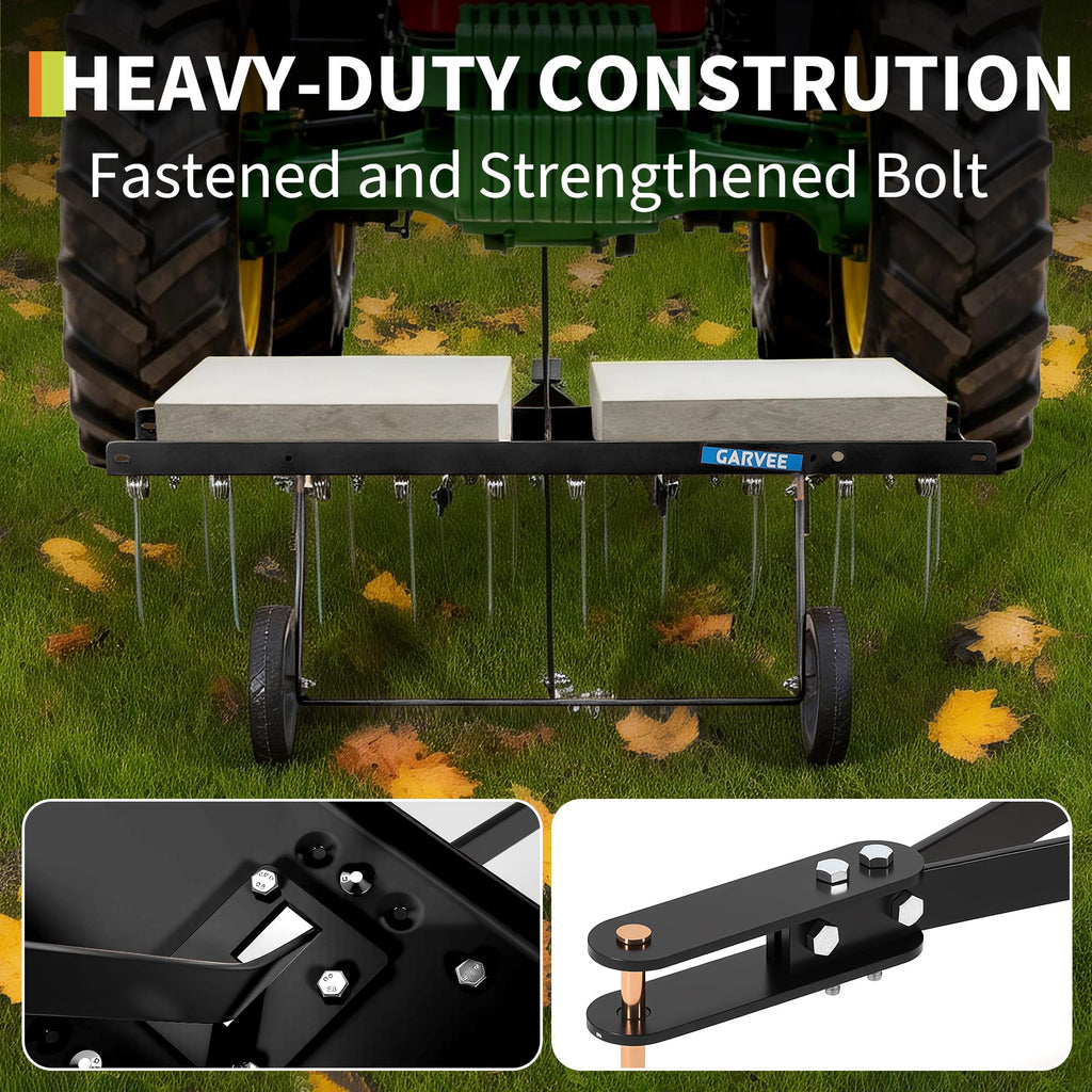 Garvee Tow Behind Lawn Rake 48-Inch Dethatcher with 24 Spring Steel Tines Heavy-Duty Steel Frame Adjustable Weight Tray for ATV Mower Garden Farm