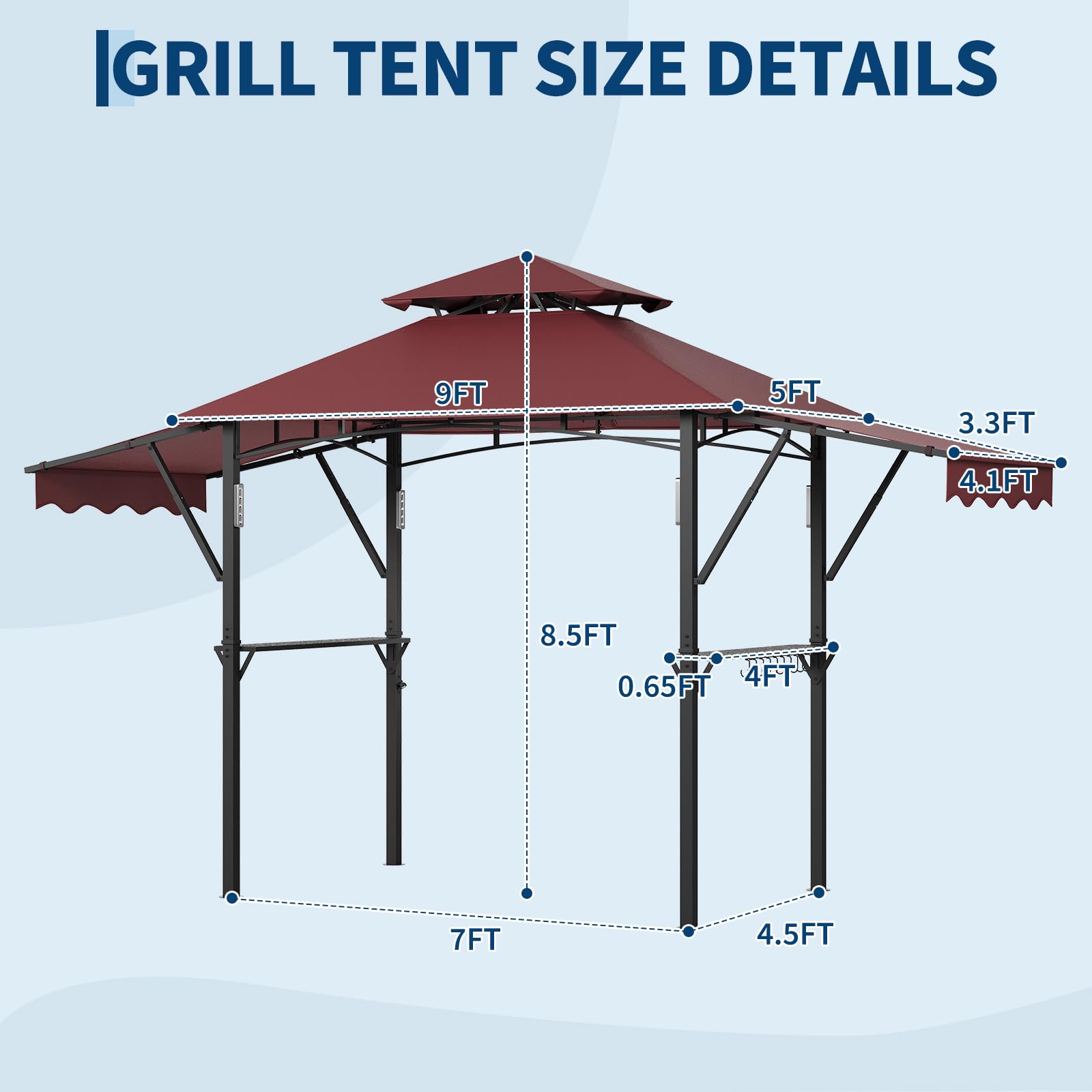 Garvee 8' × 5' Grill Gazebo with Dual Adjustable Awnings, 2-Tier Ventilated Canopy, Steel Frame, 2 Shelves & 7 Hooks, Claret