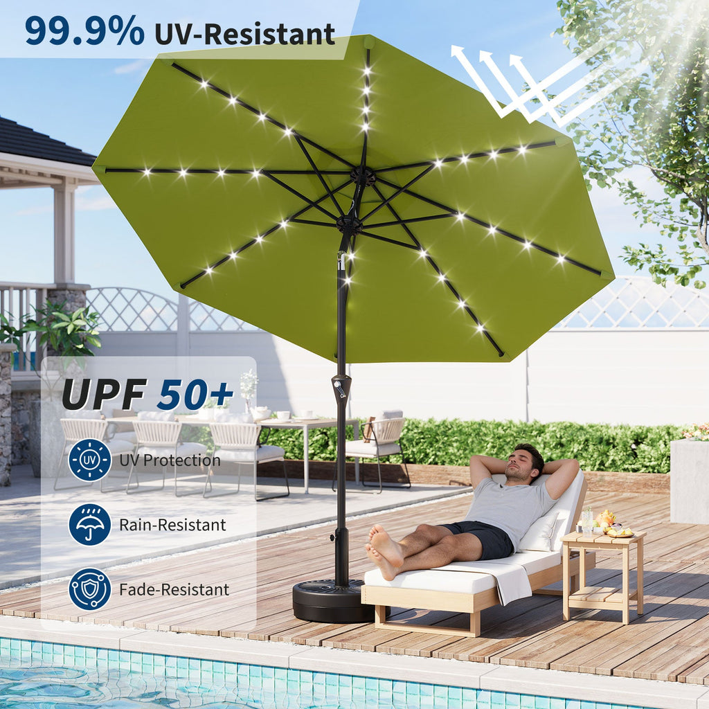 Garvee 9FT Solar LED Patio Umbrella, Waterproof Outdoor Market Table Umbrella with 8 Ribs, Crank Lift, Push Button Tilt, UV Protection for Garden, Pool & Deck, Grass Green ﻿