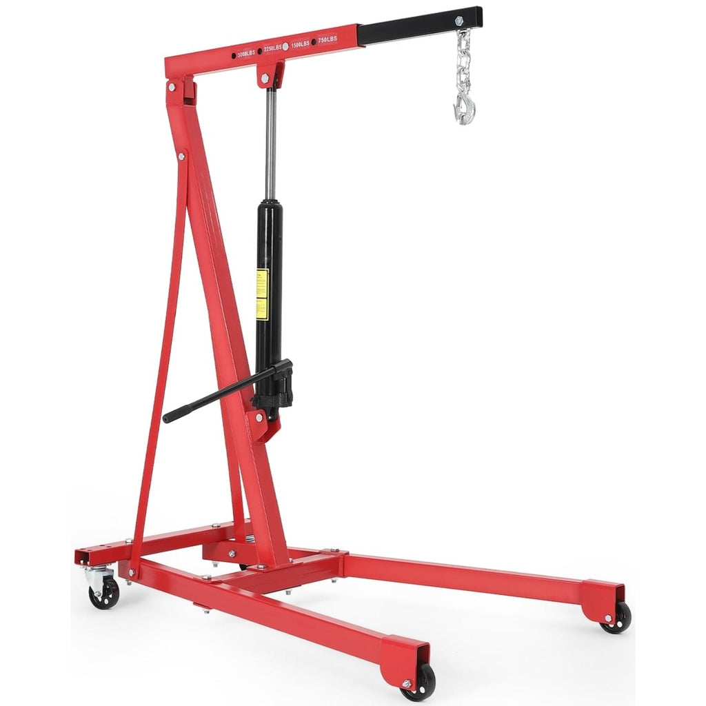 Garvee Portable Hydraulic Engine Hoist, 1.5 Ton (3000 LBS) Capacity Shop Crane with Telescopic Boom & 4 Swivel Casters, Cherry Picker Lift for Home Garage, Auto Repair, and Warehouse Use, Heavy-Duty, Red