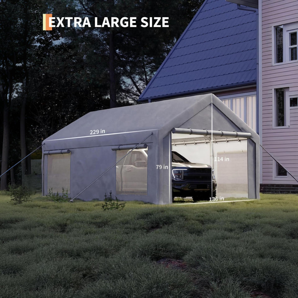 Garvee 12' × 20' Portable Garage, 200 GSM PE Carport Canopy with Reinforced Steel Frame, 2 Roll-Up Doors, 4 Mesh Windows, White