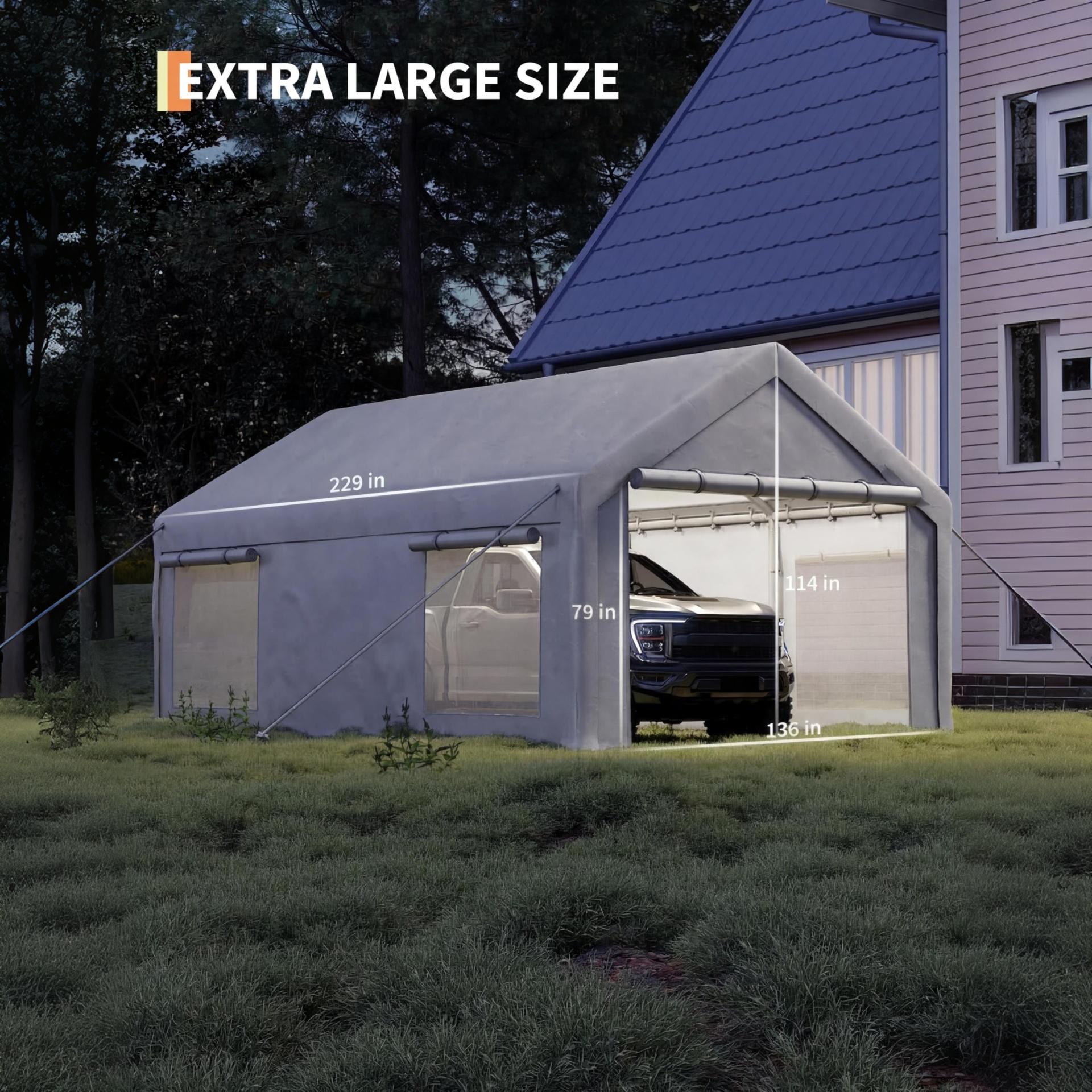 Garvee 12' × 20' Portable Garage, 200 GSM PE Carport Canopy with Reinforced Steel Frame, 2 Roll-Up Doors, 4 Mesh Windows, White