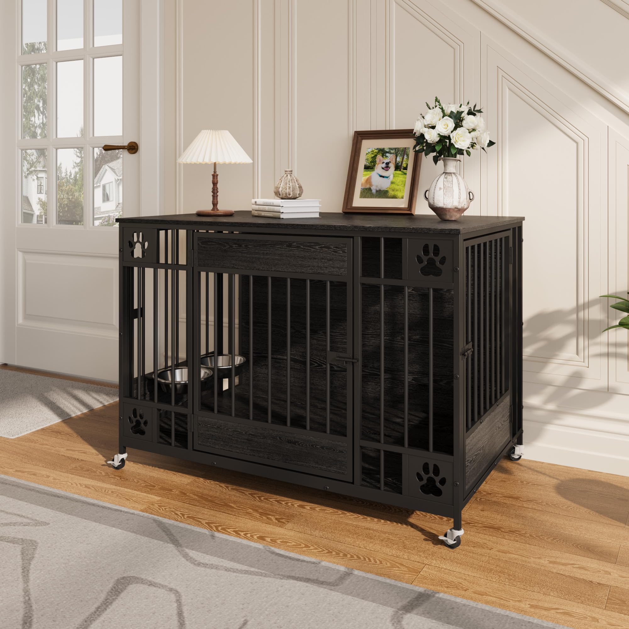 Garvee Modern Triple Door Dog Crate Furniture – 41" Decorative Wooden Kennel for Medium & Small Dogs – Stylish Indoor Pet Cage – Black Relief