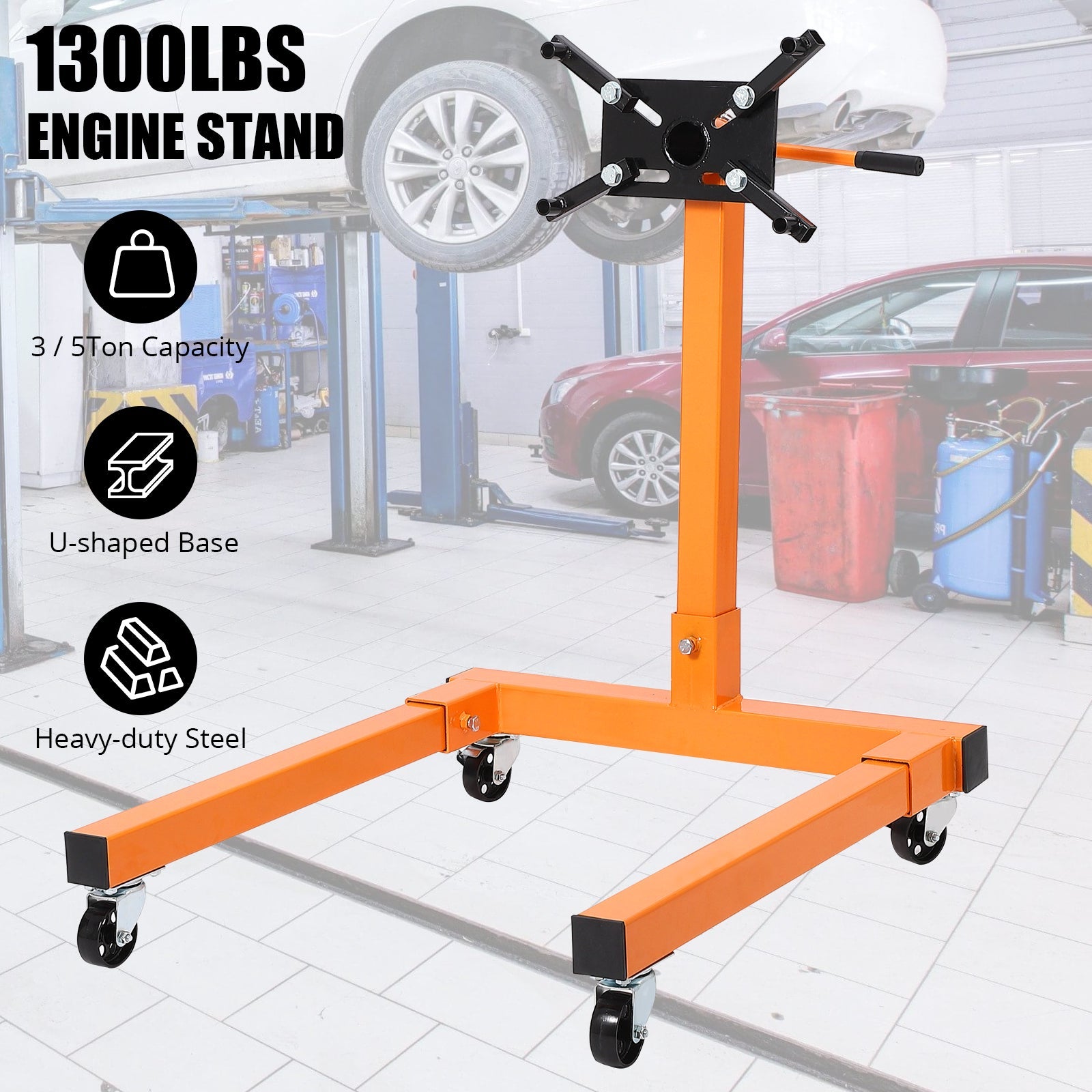 Garvee Engine Stand 1300 Lbs Capacity 360° Rotating Head 4 Adjustable Arms Heavy Duty Steel Casters Auto Repair Workshop