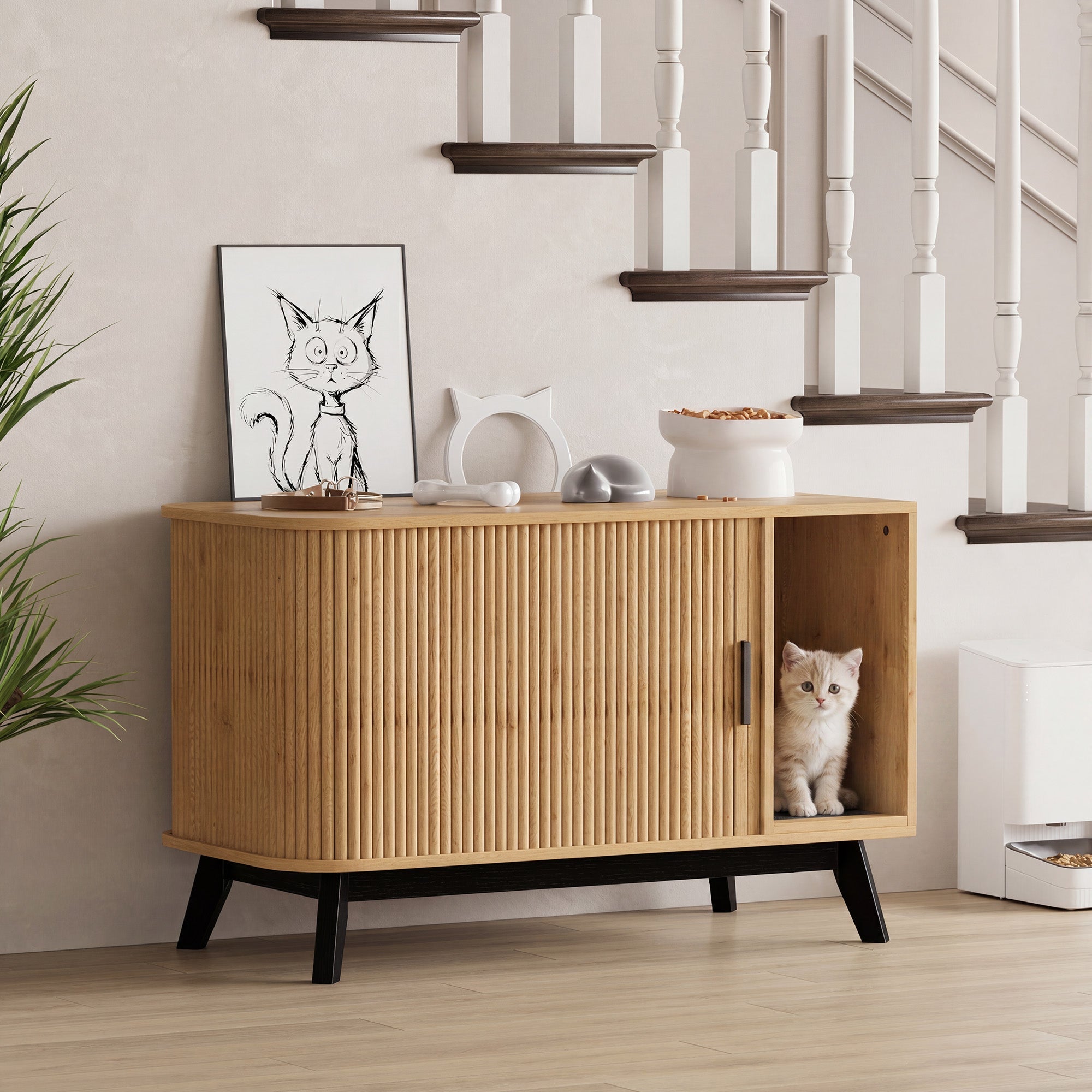 Garvee Modern Hidden Cat Litter Box Furniture – 39" Cat House Side Table with Sliding Door, Litter Mat, Multi-Functional Pet Enclosure for Living Room – Natural Wood Color