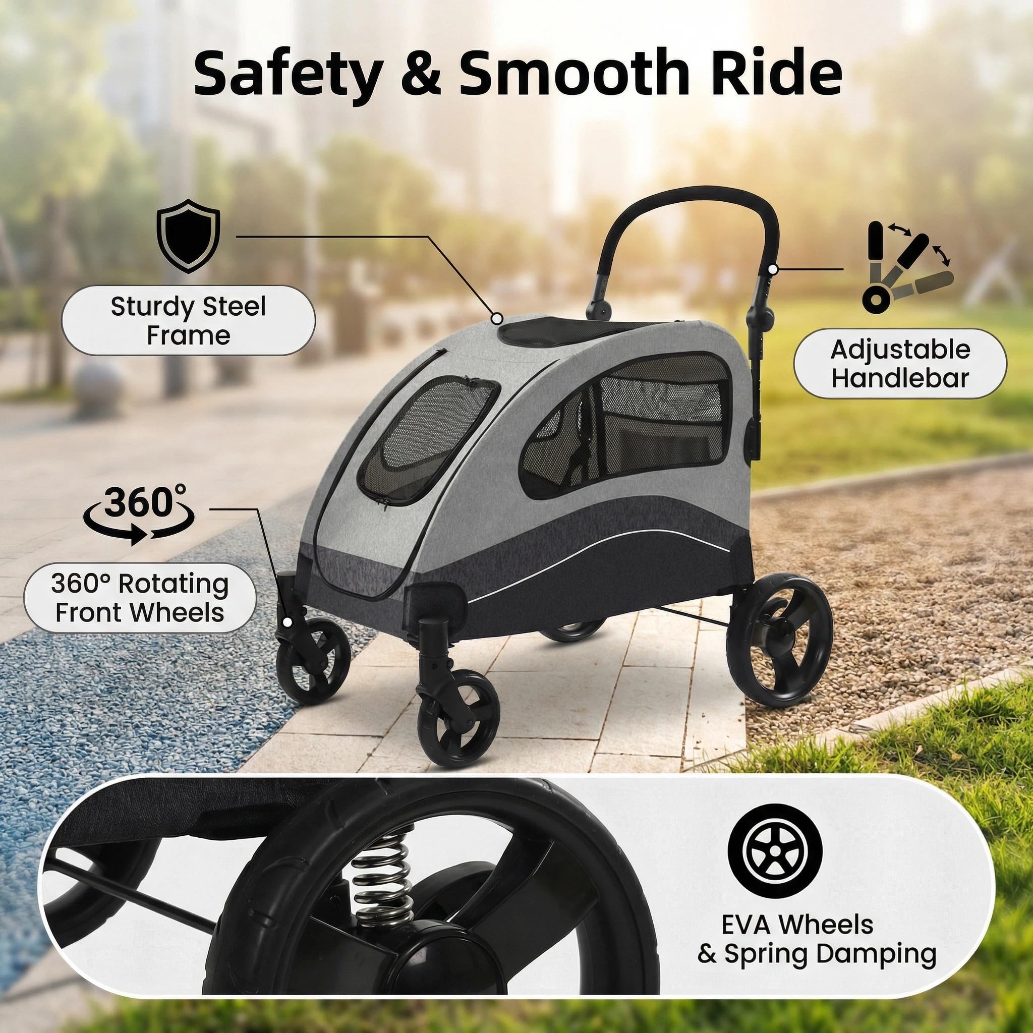 Garvee Foldable Dog Stroller, Large Dog Carrier with 360° Wheels, Adjustable Handle & Storage Pocket, Portable Puppy Travel Strollers, Pet Wagon for Large Dogs, 135 Lbs Capacity, Black