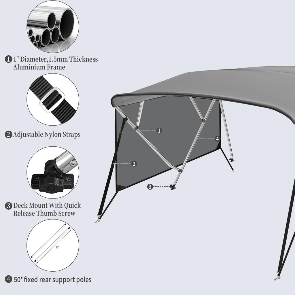 Garvee 4 Bow Bimini Top for Boats - 8'L x 54"H x 73"-78"W - 600D PU-Coated Light Gray Canvas Canopy with Translucent Side Curtains - 1" Aluminum Frame, UV Protection, Zippered Boot, Straps, Rear Support Poles - Color: Light Gray (Translucent Side Curtain)