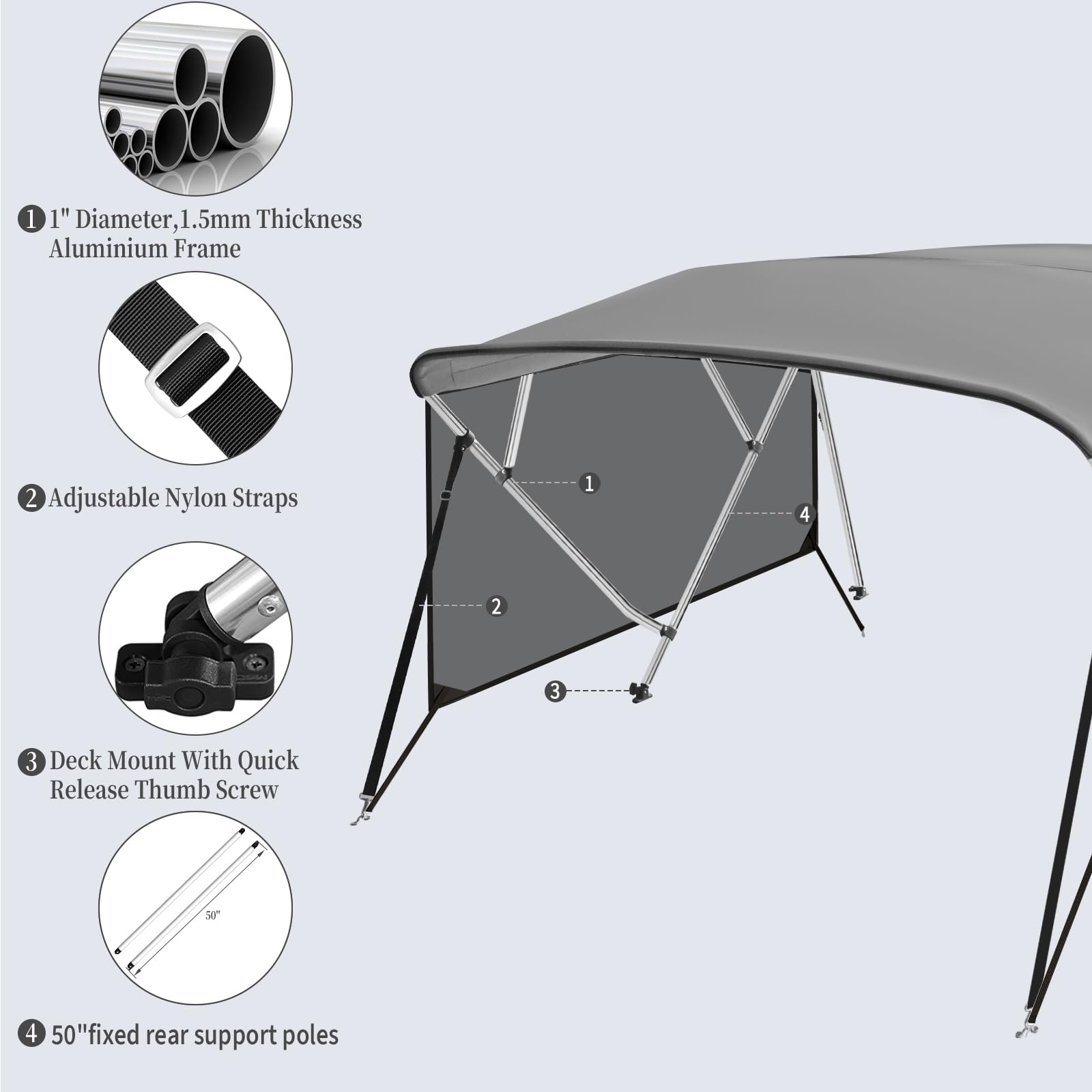 Garvee 4 Bow Bimini Top for Boats - 8'L x 54"H x 73"-78"W - 600D PU-Coated Light Gray Canvas Canopy with Translucent Side Curtains - 1" Aluminum Frame, UV Protection, Zippered Boot, Straps, Rear Support Poles - Color: Light Gray (Translucent Side Curtain)