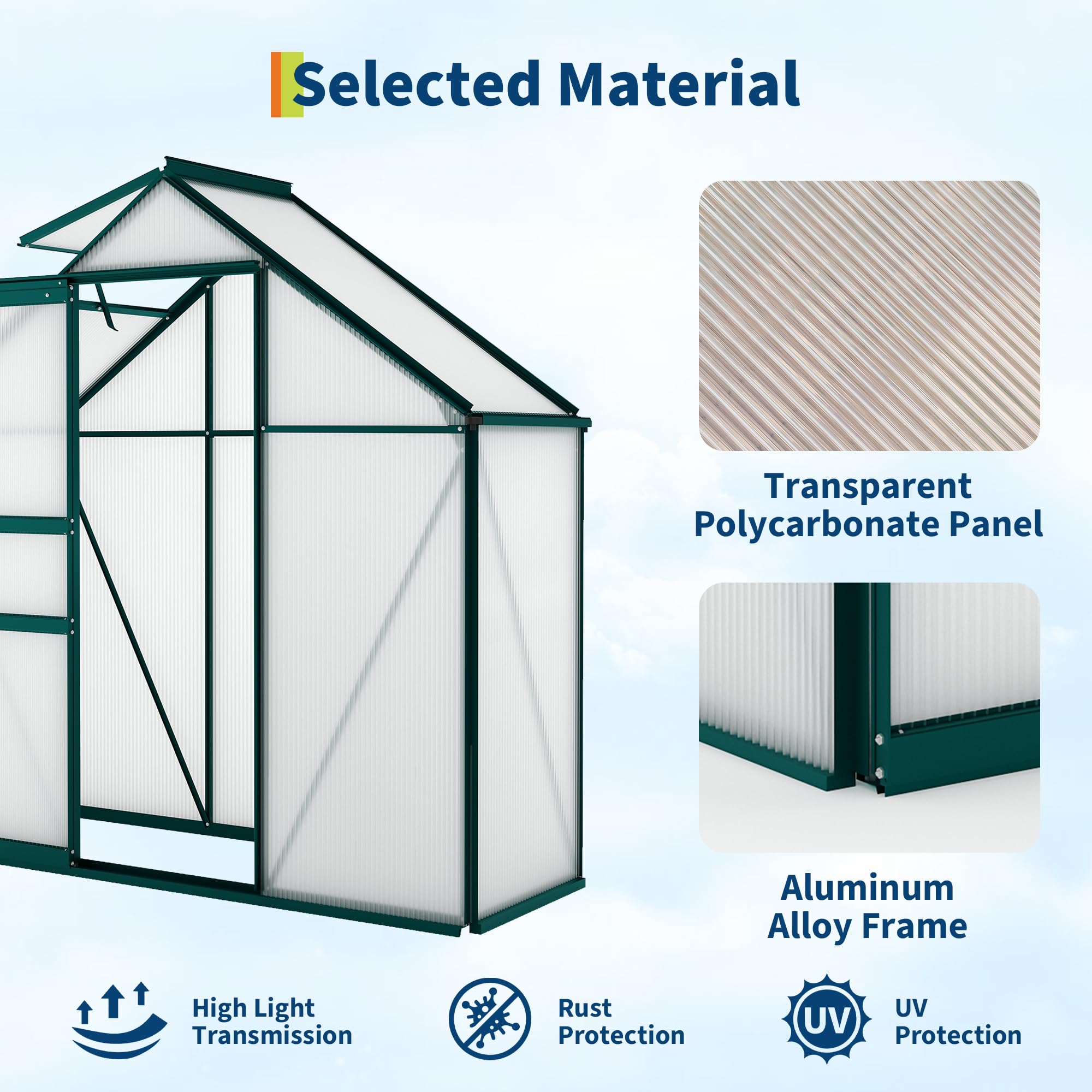 Garvee 6 × 3 FT Polycarbonate Greenhouse, 4 mm Double-Wall Panels, 99% UV Protection, Aluminum Walk-In Greenhouse with Roof Vent, Sliding Door and Rain Gutters, Green