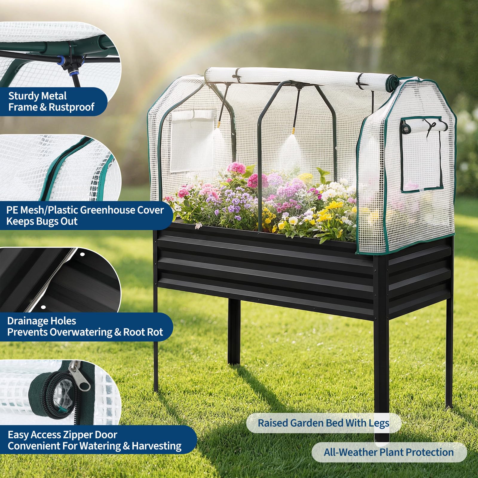 Garvee Elevated Raised Garden Bed, 48 x 24 x 56-Inch Galvanized Metal Planter with Greenhouse Cover, Bird Net and 4 Plant Signs for Patio Gardening, Black