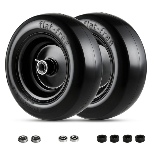 Garvee 11x4.00-5 Flat Free Lawn Mower Tire and Wheel with 3/4" Bushing, 299 LBS Capacity, PU Foam, 3.4" Hub, 5/8" 1/2" Adapter, Garden Cart Use