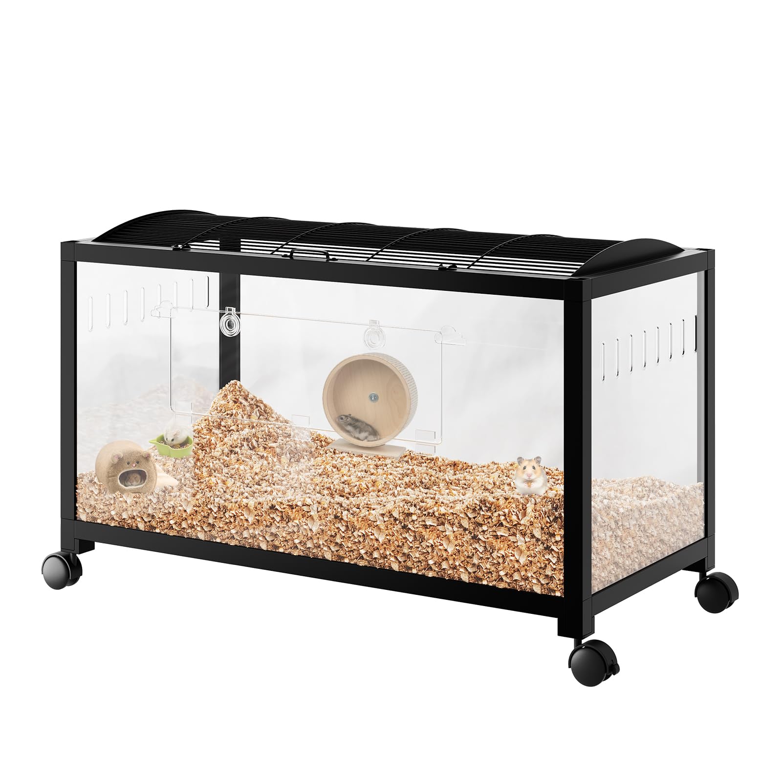 Garvee Large Hamster Cage, 3-Tier Gerbil Cages with Running Wheel, Water Bottle, Food Bowl, Ramps, Portable Hamster House with 7" Deep Glass Bottom for Syrian, Hamster, Gerbils (Metal Black)