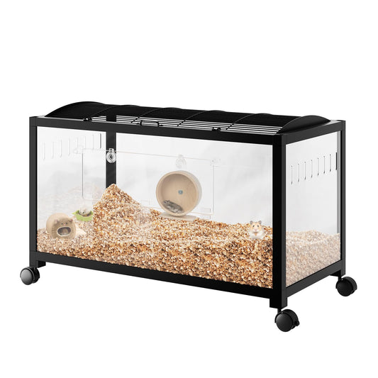 Garvee Large Hamster Cage, 3-Tier Gerbil Cages with Running Wheel, Water Bottle, Food Bowl, Ramps, Portable Hamster House with 7" Deep Glass Bottom for Syrian, Hamster, Gerbils (Metal Black)