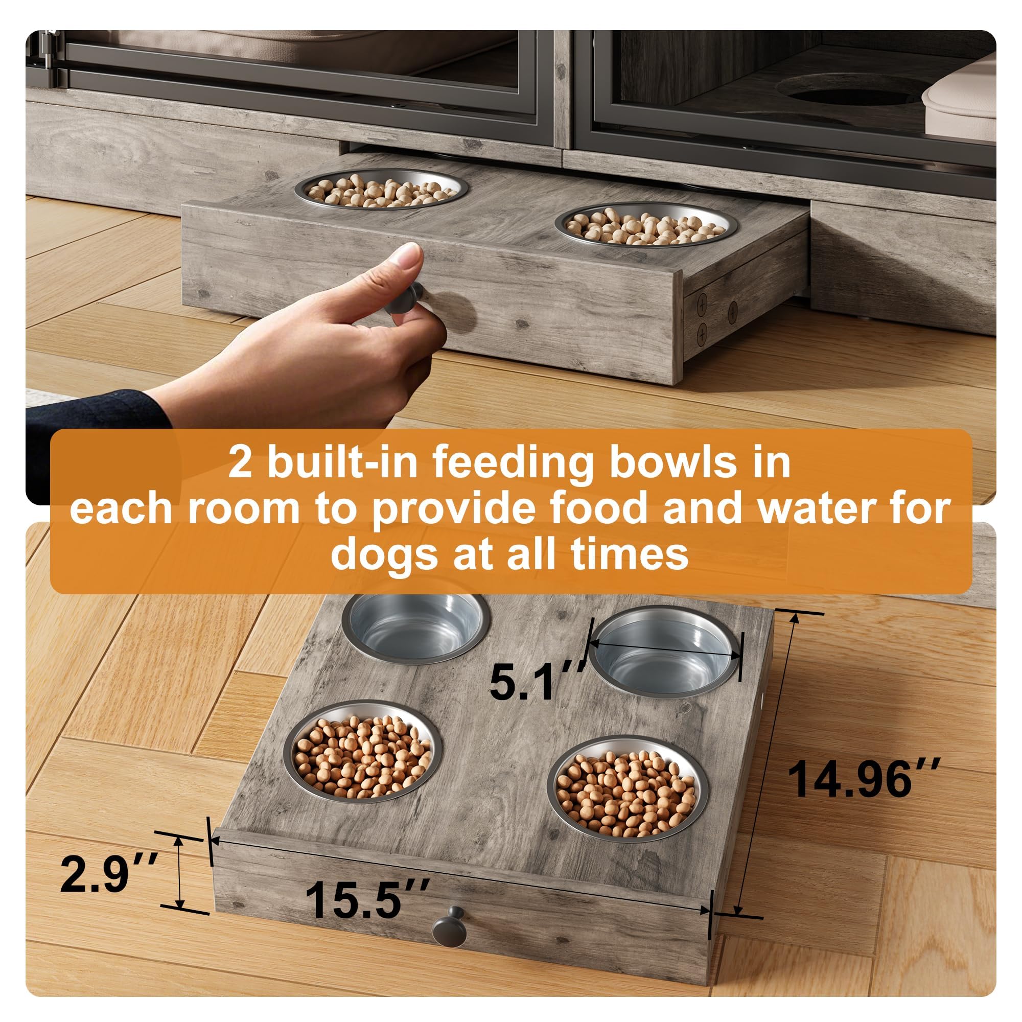 Garvee 78.7" Double Dog Crate Furniture with Storage and 4 Doors, Dog Kennel Indoor with Feeding Bowls, Wood Dog Crate TV Stand for Small Medium Dogs, Gray