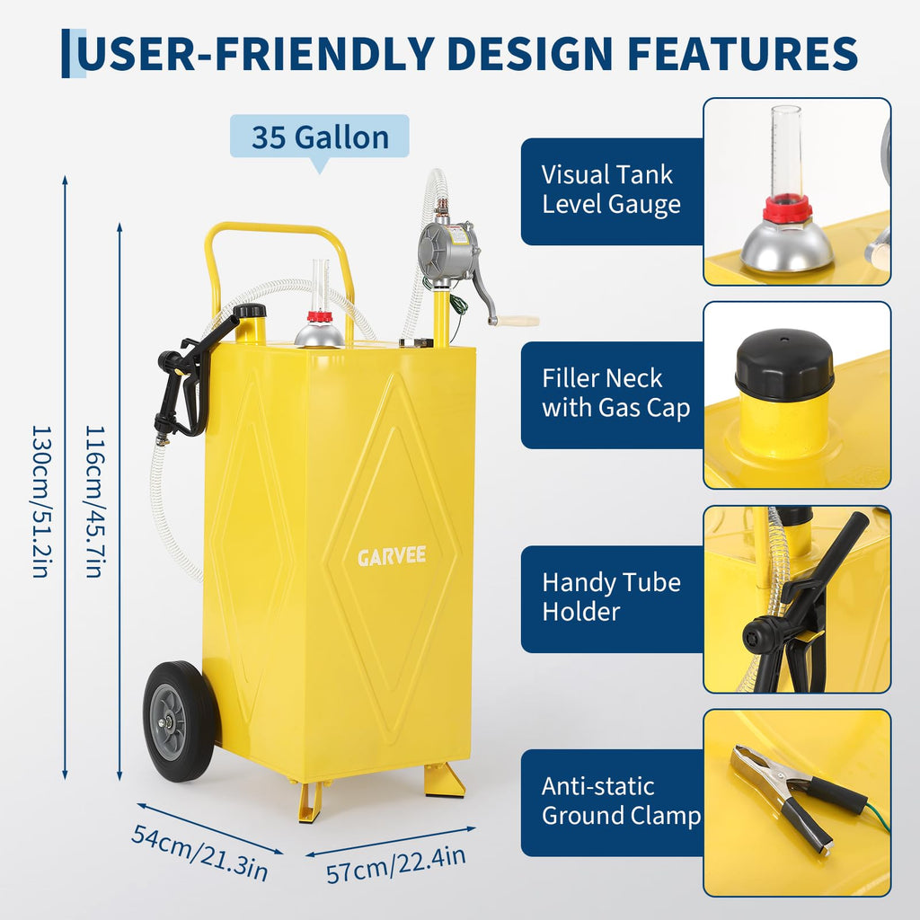 Garvee 35 Gallon Portable Fuel Gas Caddy – Manual Rotary Pump, Wheels, Fuel Hose, Level Gauge, Wide Fill Neck – Mobile Gasoline/Fuel Transfer Tank for ATV, Tractor, Mower, Car, Boat – Reinforced 2-wheel, 2-support version - Yellow - Ma Hailin