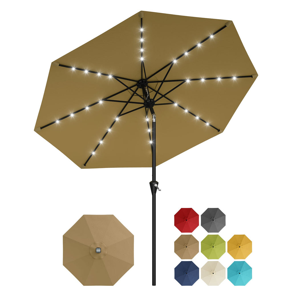 Garvee 9FT Solar LED Patio Umbrella, Waterproof Outdoor Market Table Umbrella with 8 Ribs, Crank Lift, Push Button Tilt, UV Protection for Garden, Pool & Deck, Khaki