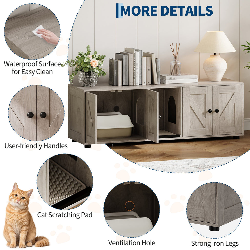 Garvee Cat Litter Box Enclosure for 2 Cats, Hidden Litter Box Furniture Cabinet with Double Room, Double Cat Litter Box Enclosure, Indoor Cat House, 43.4 x 18.1 x 17.7 Inches