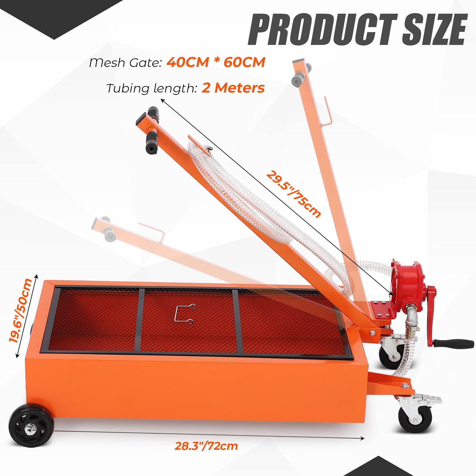 Garvee Low Profile 20 Gallon Oil Drain Pan with 110V Electric Pump – Heavy Duty Steel Waste Oil Drain Tank – 8.2ft Hose, Rolling Cart, Folding Handle – For Trucks, RVs, SUVs, Cars – Waistline Version, Orange