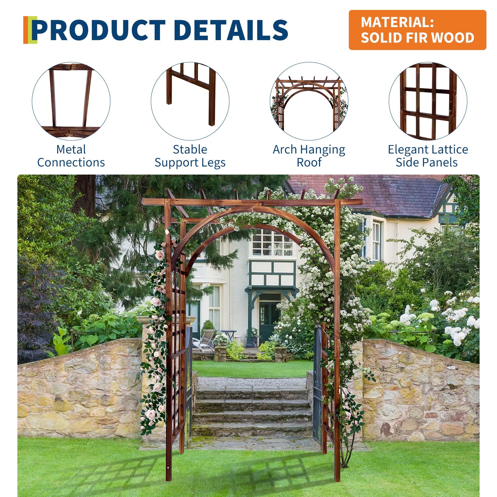 Garvee 85-Inch Wooden Garden Arbor Trellis, Fir Wood Pergola Arch for Climbing Plants, Wedding, Patio, Lawn & Backyard, Dark Brown, Arched & Flat Top