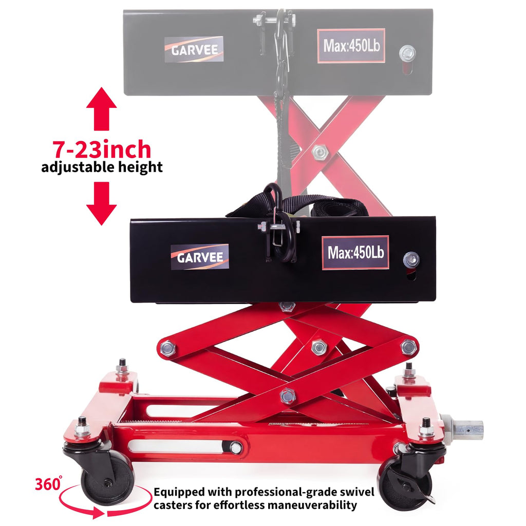 Garvee 450 lbs Transmission Jack - Low-Profile 7"-23" Lift, Heavy-Duty Steel Design with Safety Straps and 4 Swivel Wheels for Garage Use