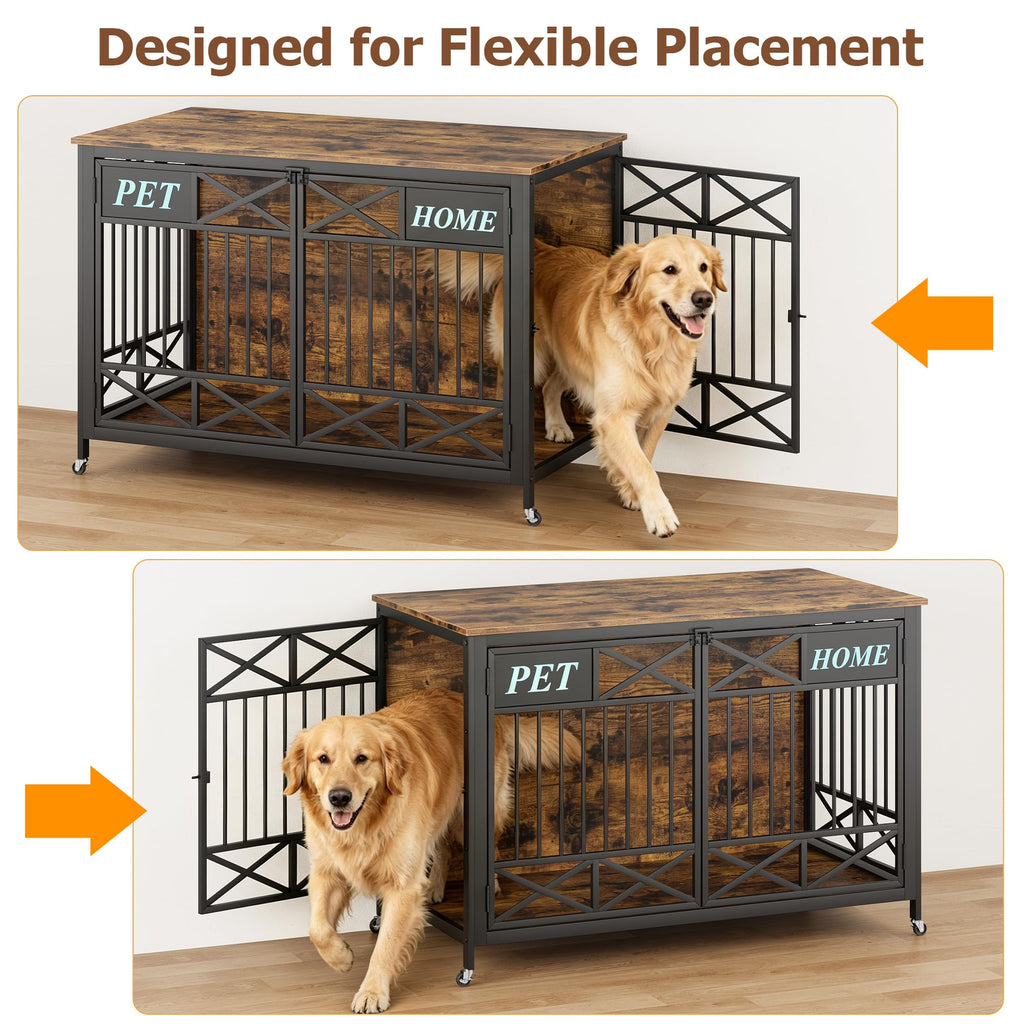 Garvee Heavy Duty Wooden Dog Crate Furniture - 47 Inch Large Pet Kennel Cage with Double Doors, Pulley System & Name Tag - Decorative End Table & TV Stand for Dogs, Antique Brown