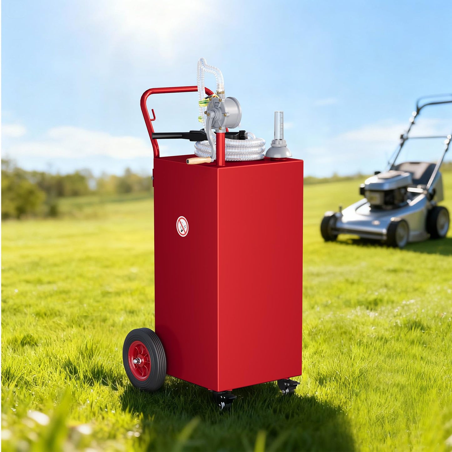 Garvee 35-Gallon Portable Fuel Tank Gasoline Diesel Storage with Manual Rotary Pump Carbon Steel Anti-Static Clamp Four Wheels for Outdoor Use, Red