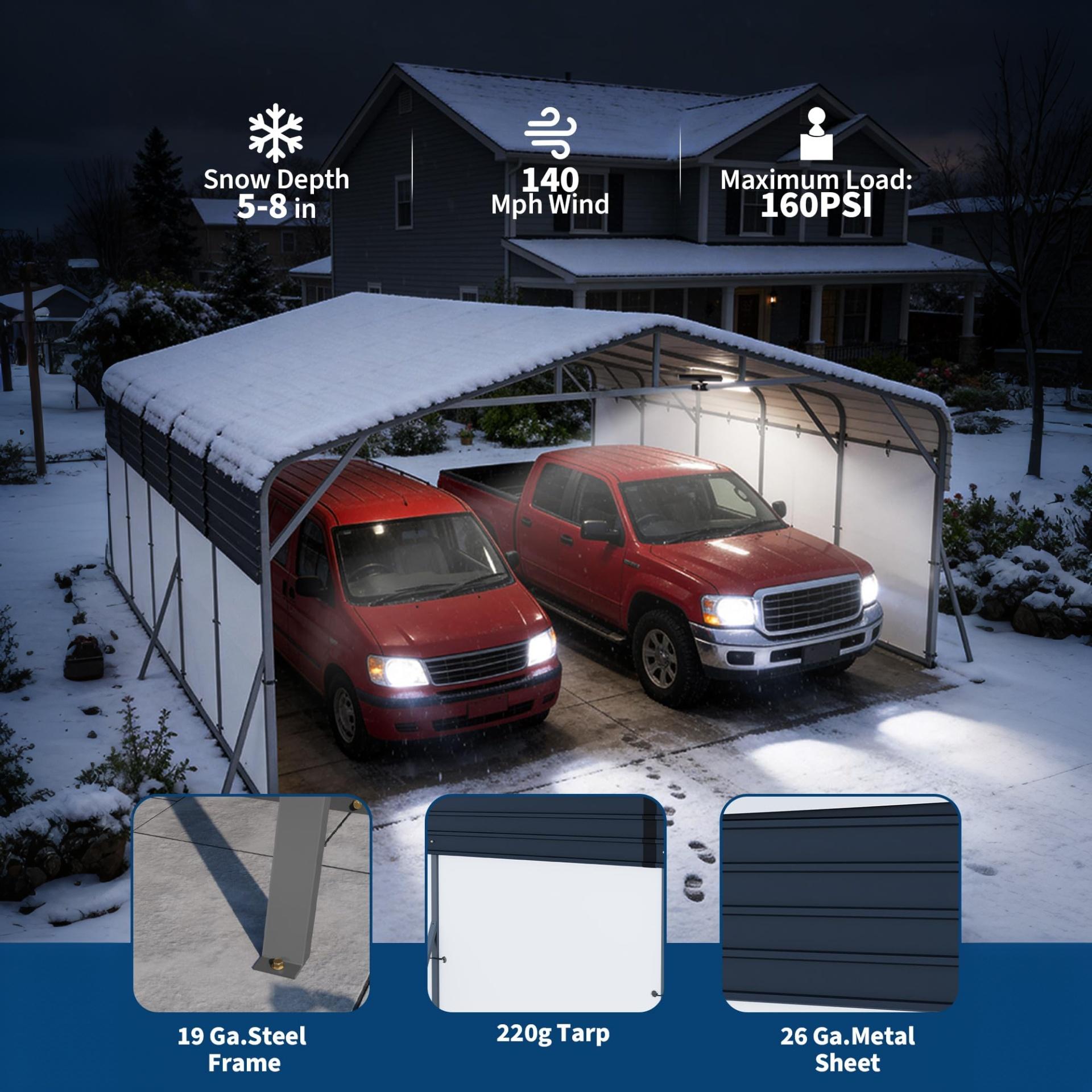 Garvee 20 x 25 FT Heavy Duty Metal Carport, 500 Sq Ft 2-Car Garage Canopy with Galvanized Steel Roof, Removable PE Sidewalls & LED Light for Trucks, Boats and Outdoor Events