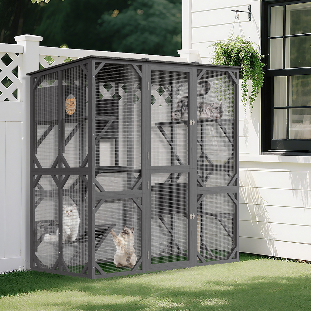 Garvee 70" Large Wooden Cat Cage with Roof, Multi-Level Cat House with 4 Platforms, Hammock & Scratching Post, Cats Enclosure Window Access for Outdoor & Indoor
