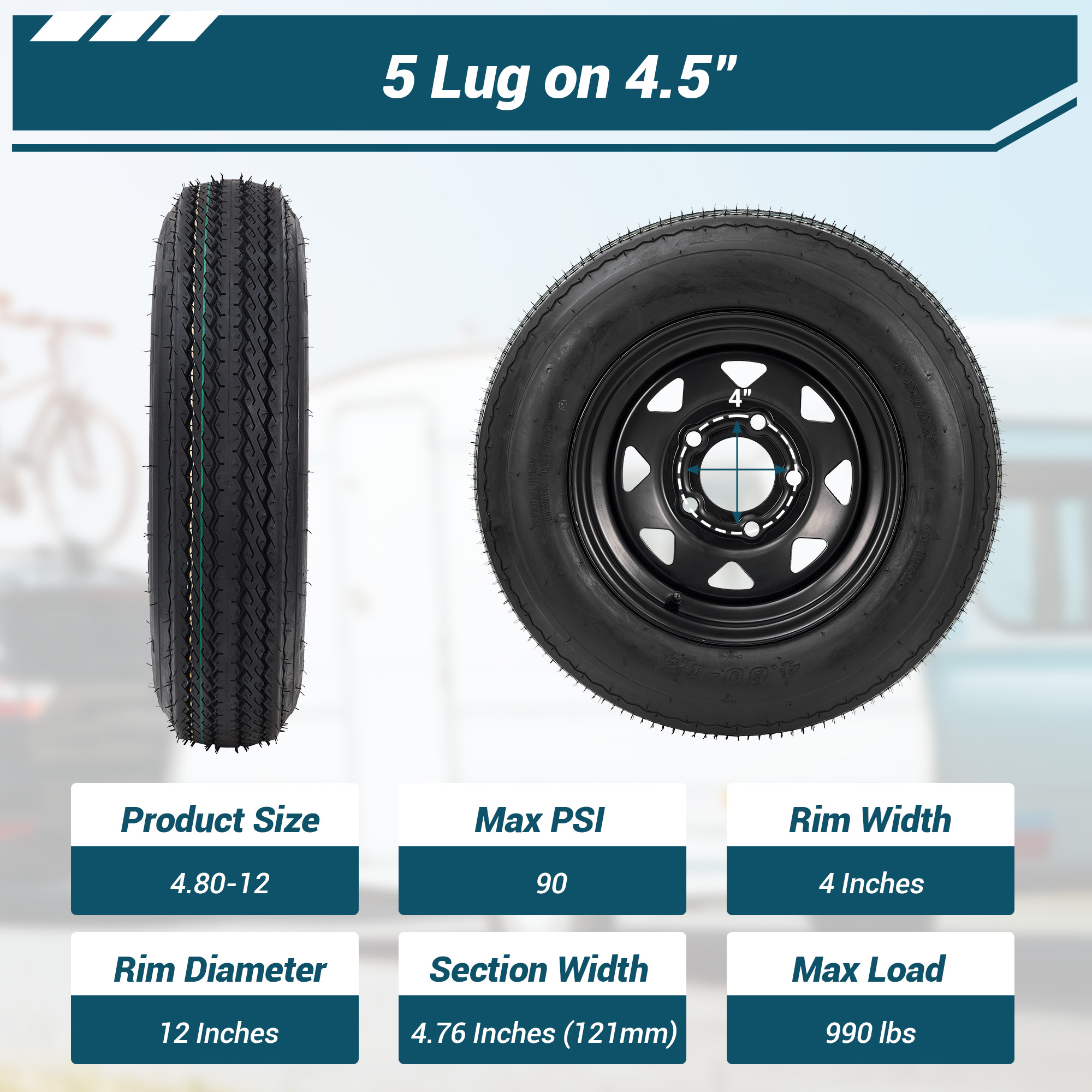 Garvee 4.80-12 Trailer Tires with 12 in Rims, 5 Lug, Load Range C, Multi-Function Lawn Mower & Tractor Tires, Black, 2 Pack