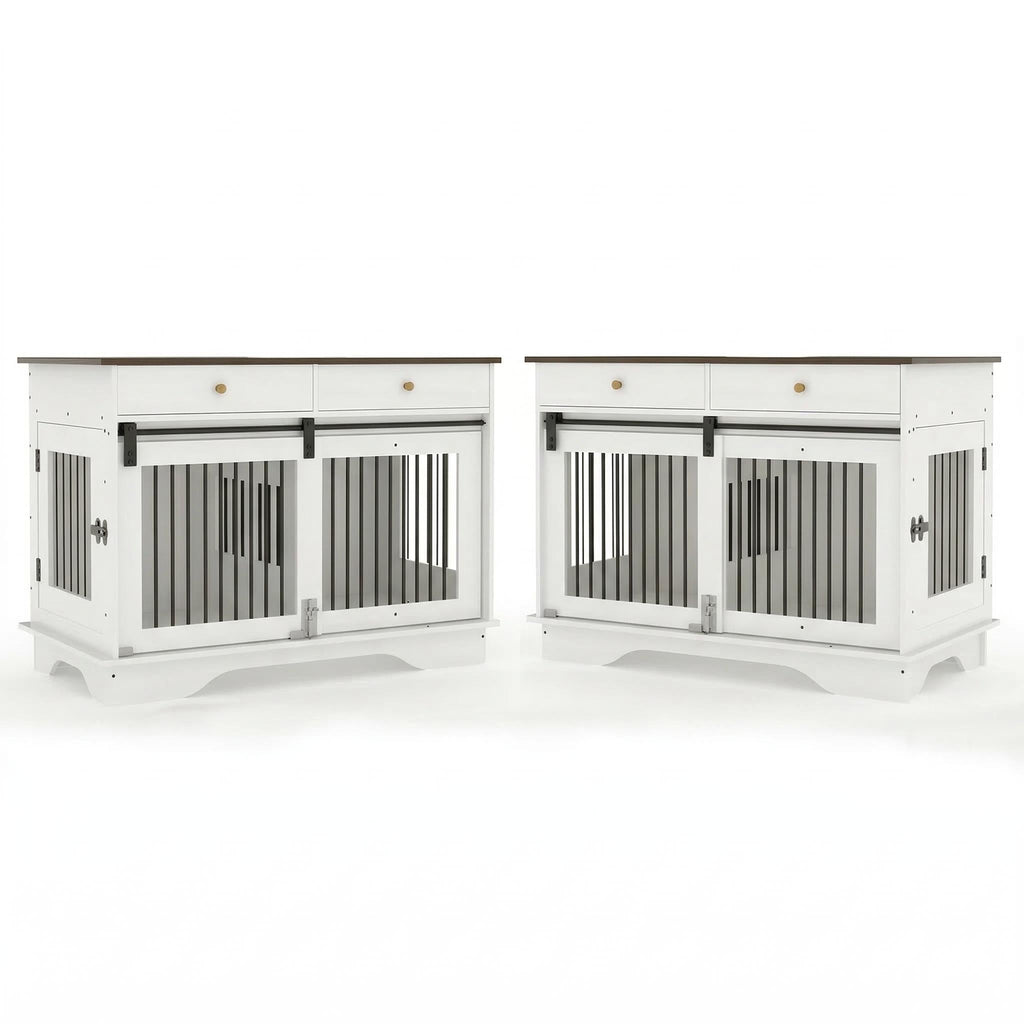 Garvee 2 Pack Spacious Double Dog Crate Furniture, 47" Large Dog Kennel, Removable Divider, 2 Storage Drawers, Chew-Resistant, Triple Door End Table for Large Dogs, White+Brown Table Top