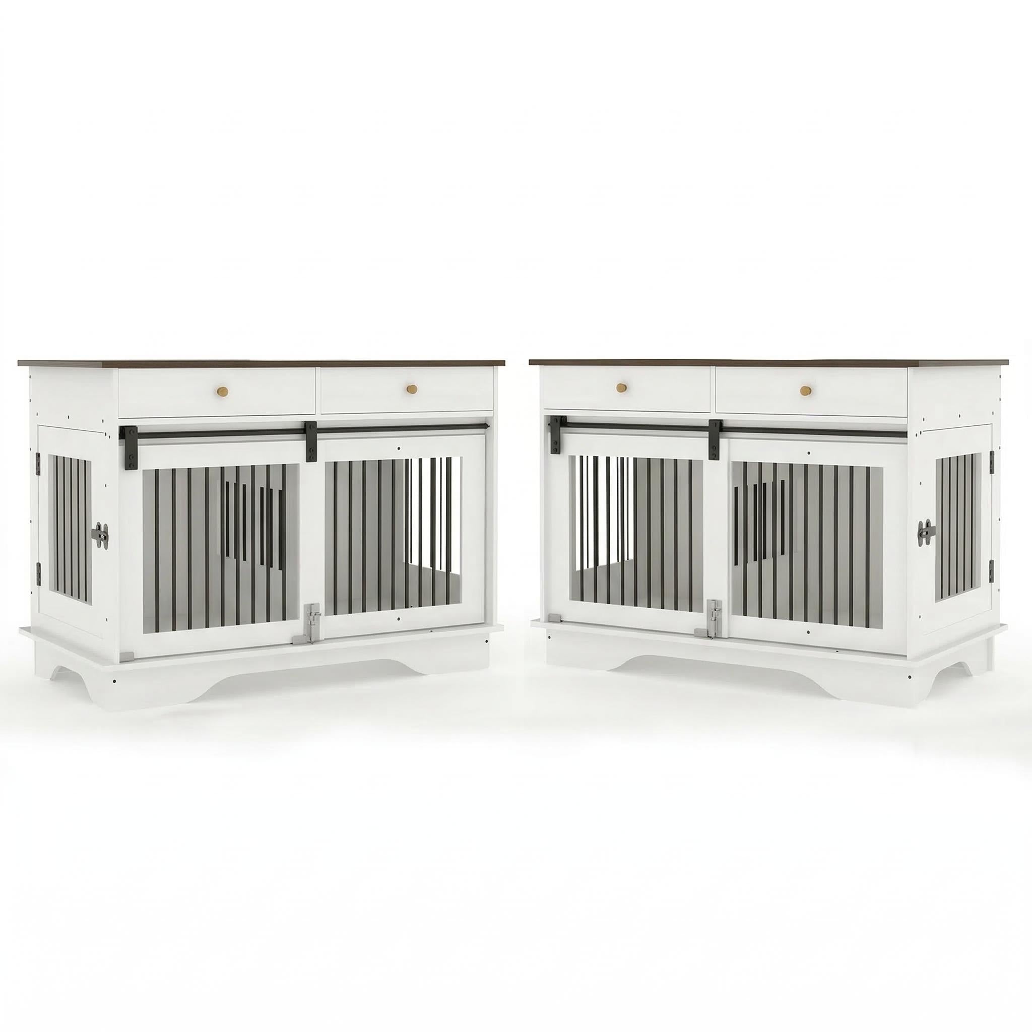 Garvee 2 Pack Spacious Double Dog Crate Furniture, 47" Large Dog Kennel, Removable Divider, 2 Storage Drawers, Chew-Resistant, Triple Door End Table for Large Dogs, White+Brown Table Top