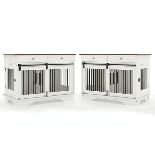 Garvee 2 Pack Spacious Double Dog Crate Furniture, 47" Large Dog Kennel, Removable Divider, 2 Storage Drawers, Chew-Resistant, Triple Door End Table for Large Dogs, White+Brown Table Top
