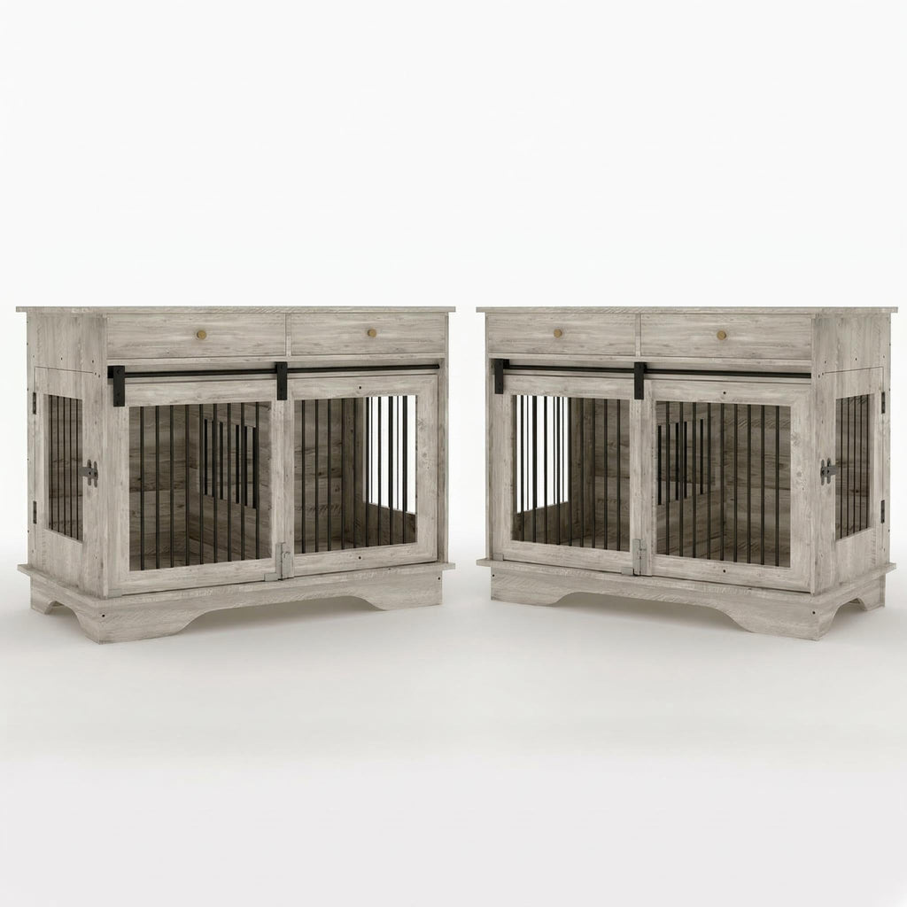 Garvee 2 Pack Spacious Double Dog Crate Furniture, 47" Large Dog Kennel, Removable Divider, 2 Storage Drawers, Chew-Resistant, Triple Door End Table for Small/Medium/Large Dogs, Gray