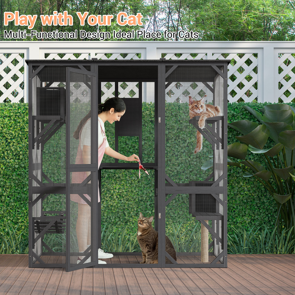 Garvee 70" Large Wooden Cat Cage with Roof, Multi-Level Cat House with 4 Platforms, Hammock & Scratching Post, Cats Enclosure Window Access for Outdoor & Indoor