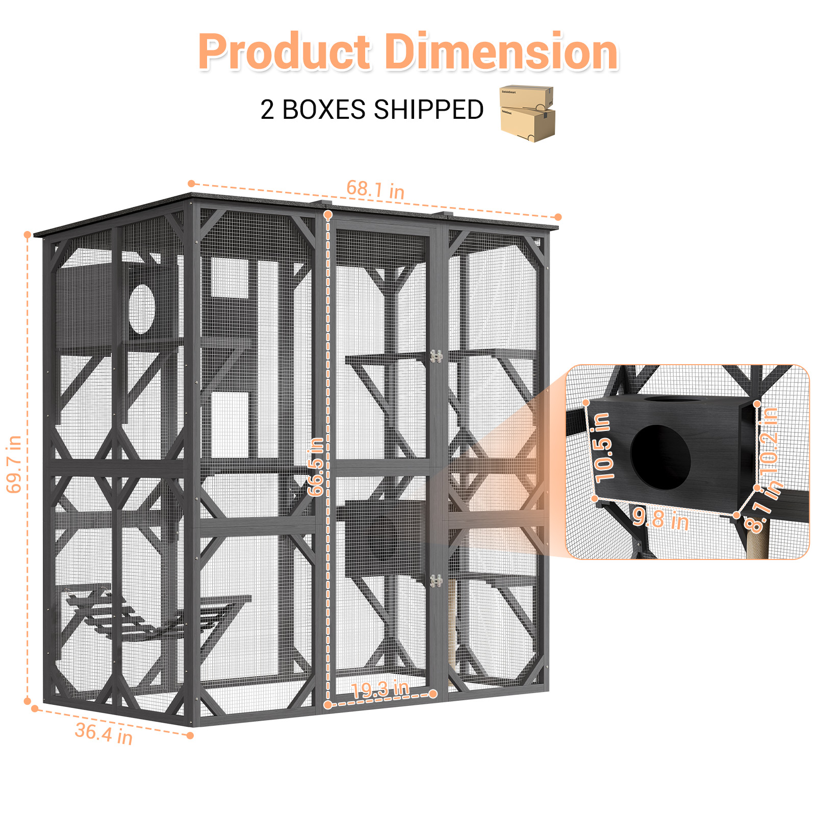 Garvee 70" Large Wooden Cat Cage with Roof, Multi-Level Cat House with 4 Platforms, Hammock & Scratching Post, Cats Enclosure Window Access for Outdoor & Indoor