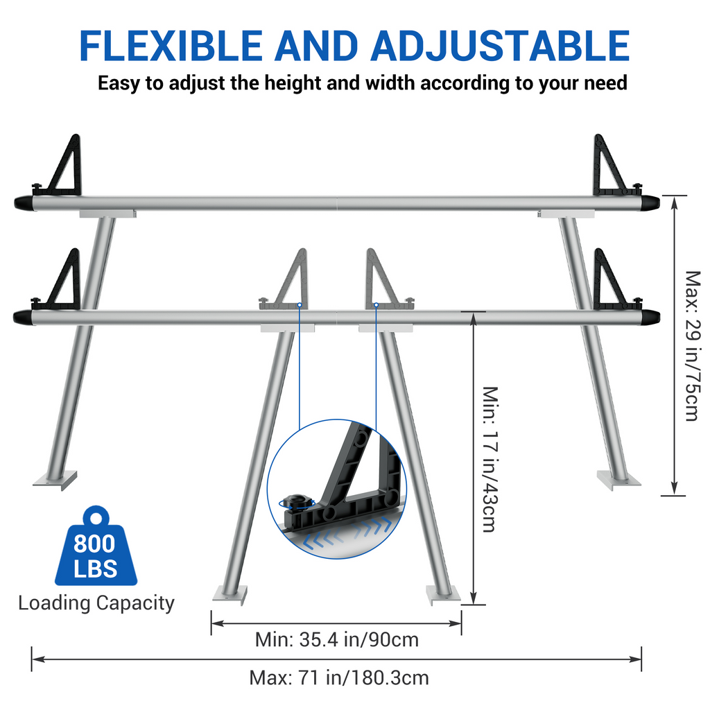 Garvee Truck Rack, 71" Aluminum Ladder Rack for Truck, 800lbs Capacity With 8 Non-Drilling C-Clamps, Heavy Duty Truck Bed Rack Two-Bar Set