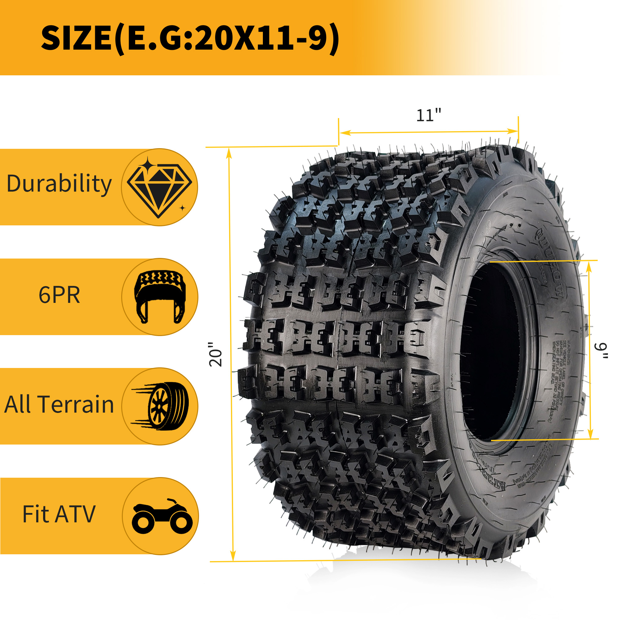 Garvee 20x11x9 ATV Tires 2 Pack Tubeless All Terrain for Trail Desert Mud Dirt Street Sand 6PR Black