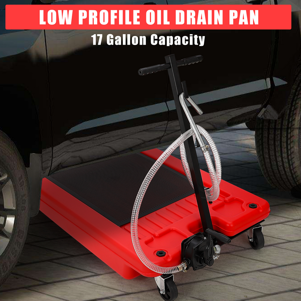 Garvee 17 Gallon Low Profile Oil Drain Pan with Hand Pump, Foldable T Handle, Wheels, Polypropylene, 8FT Hose, for Cars & Trucks