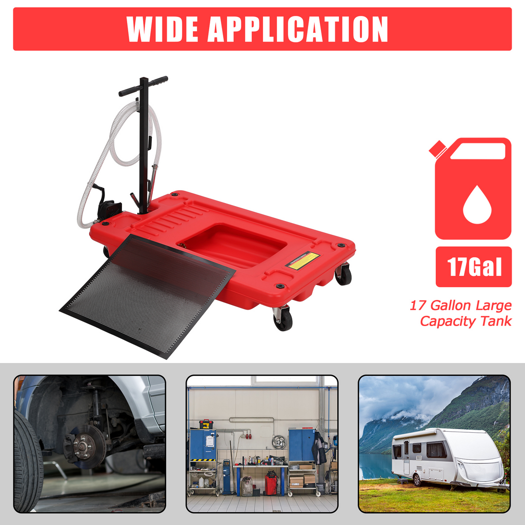 Garvee 17 Gallon Low Profile Oil Drain Pan with Hand Pump, Foldable T Handle, Wheels, Polypropylene, 8FT Hose, for Cars & Trucks