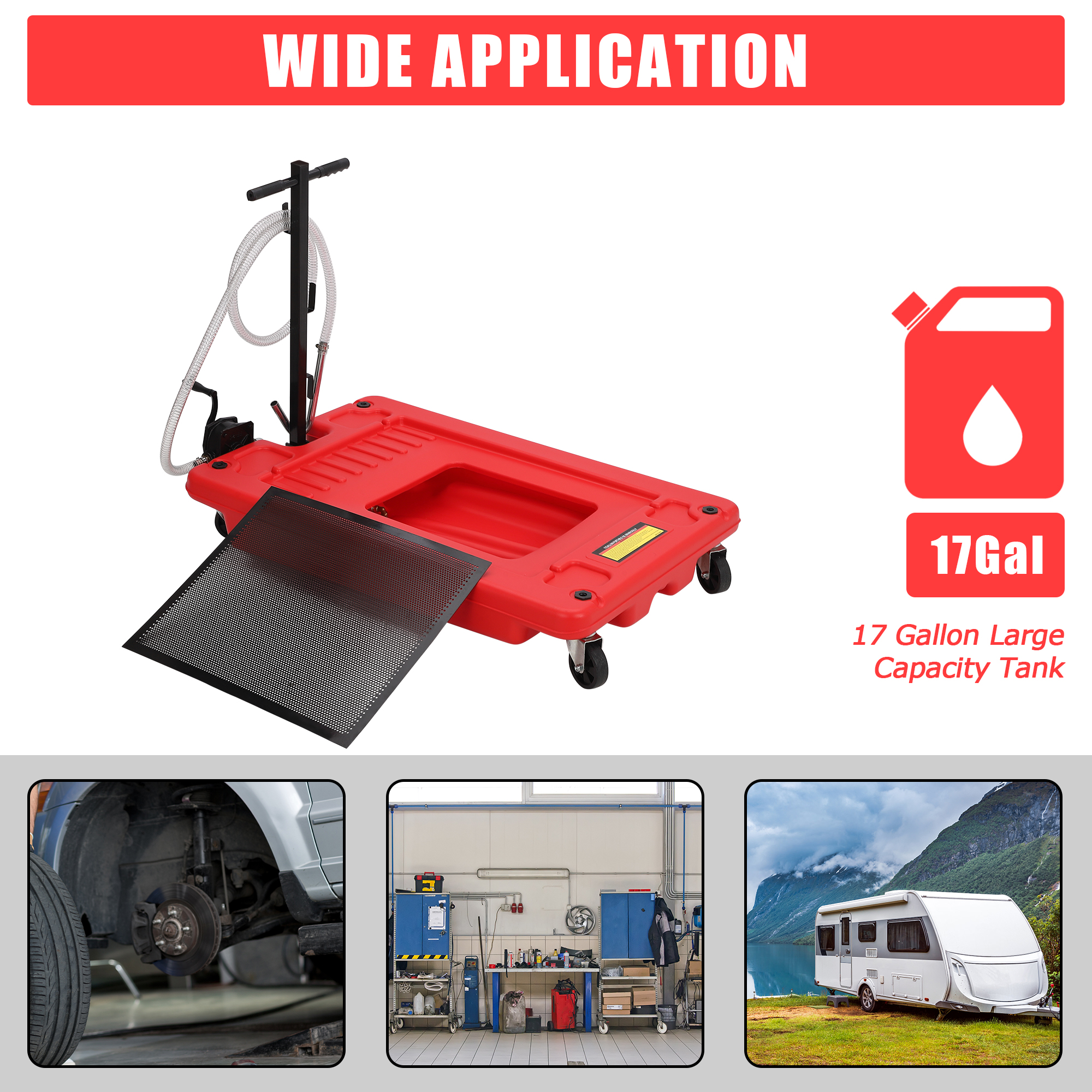 Garvee 17 Gallon Low Profile Oil Drain Pan with Hand Pump, Foldable T Handle, Wheels, Polypropylene, 8FT Hose, for Cars & Trucks
