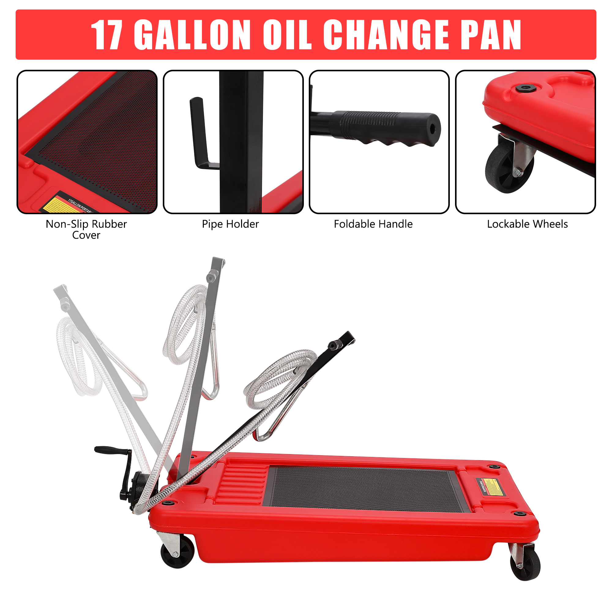 Garvee 17 Gallon Low Profile Oil Drain Pan with Hand Pump, Foldable T Handle, Wheels, Polypropylene, 8FT Hose, for Cars & Trucks