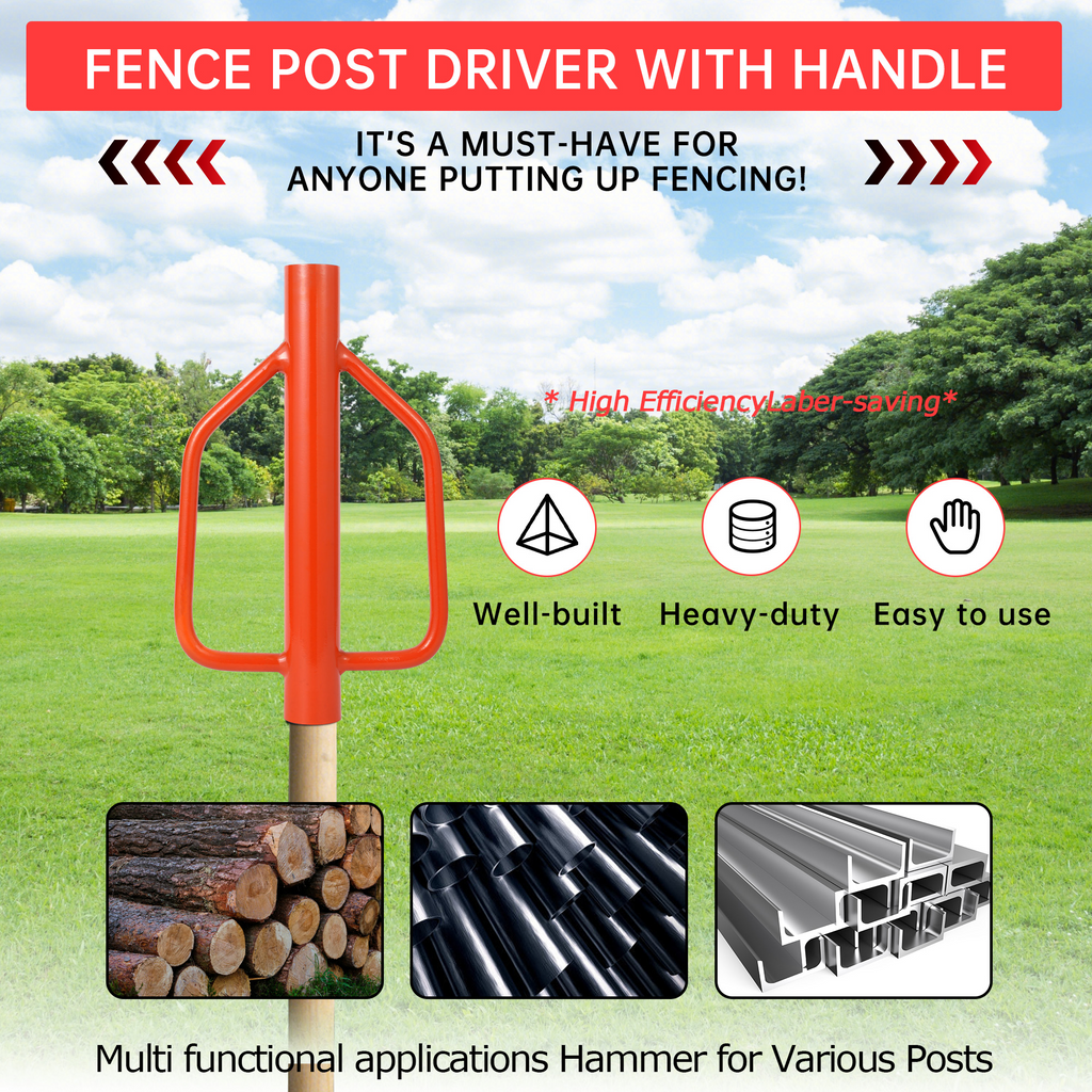 Garvee 18 Lbs Fence Post Driver Heavy-Duty Steel Handles Comfortable Grip Multi-Use for Fence and Sign Installation Orange