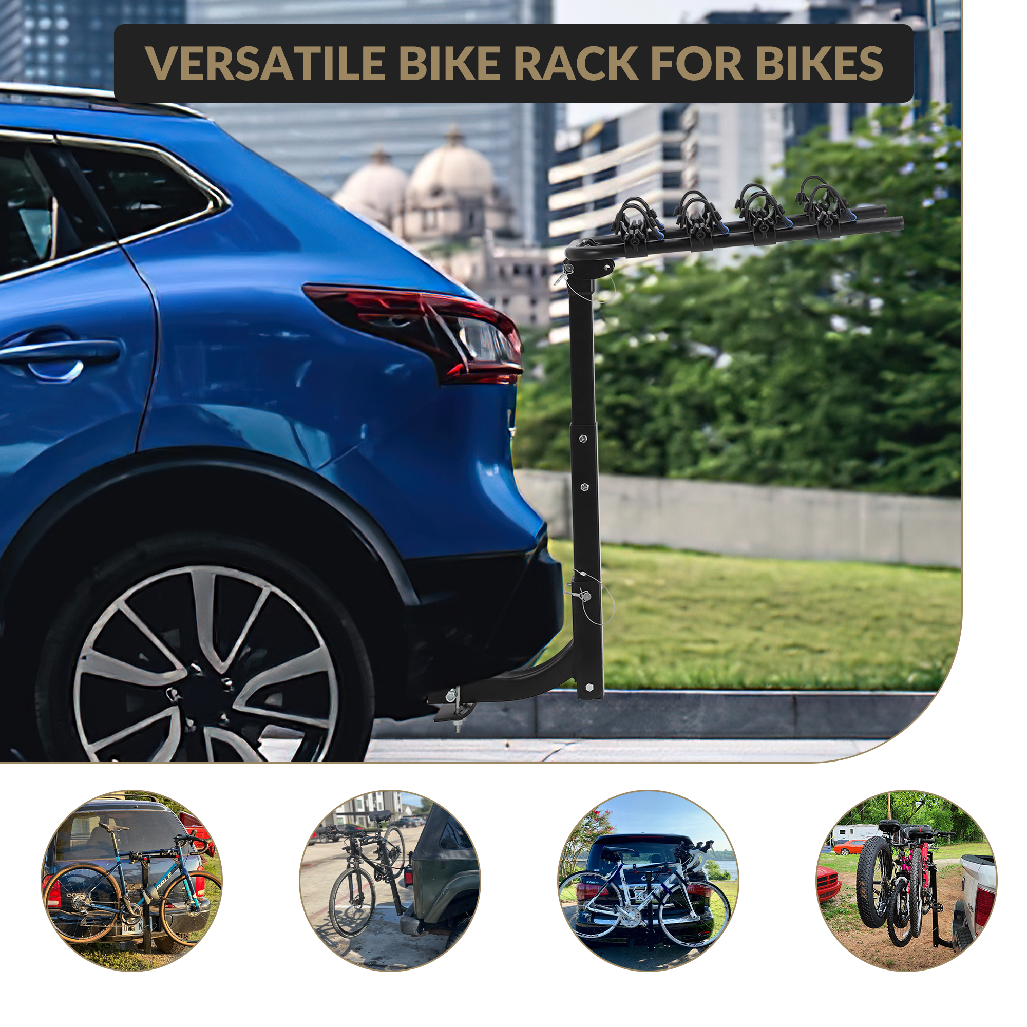 Garvee 4-Bike Rack Hitch Mount - Heavy-Duty Steel Frame Folding Bicycle Carrier with Anti-Sway Stabilizer, Fits 2" Hitch Receiver, 70 lbs Capacity, Easy Assembly for SUV, Car, Truck, and RV