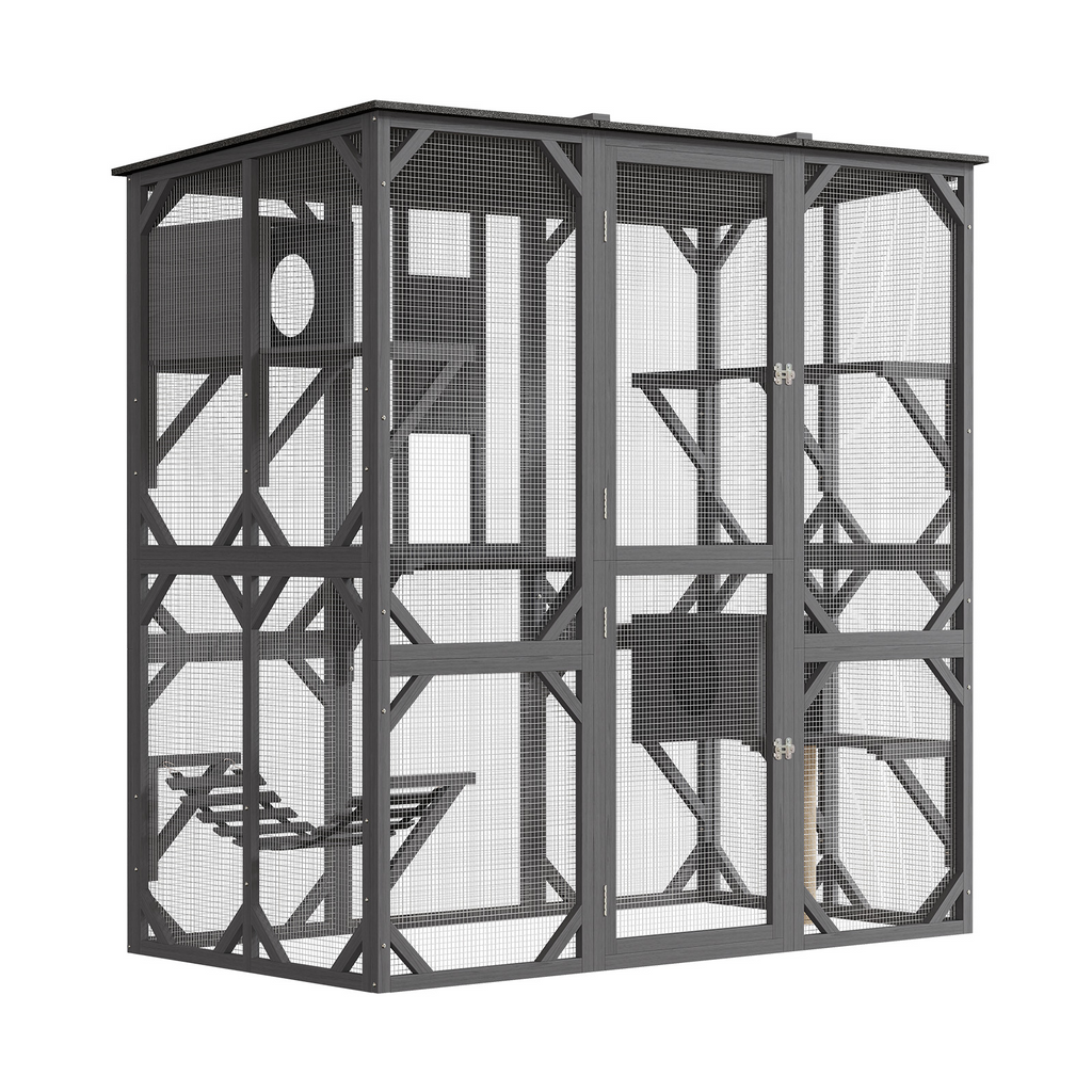 Garvee 70" Large Wooden Cat Cage with Roof, Multi-Level Cat House with 4 Platforms, Hammock & Scratching Post, Cats Enclosure Window Access for Outdoor & Indoor