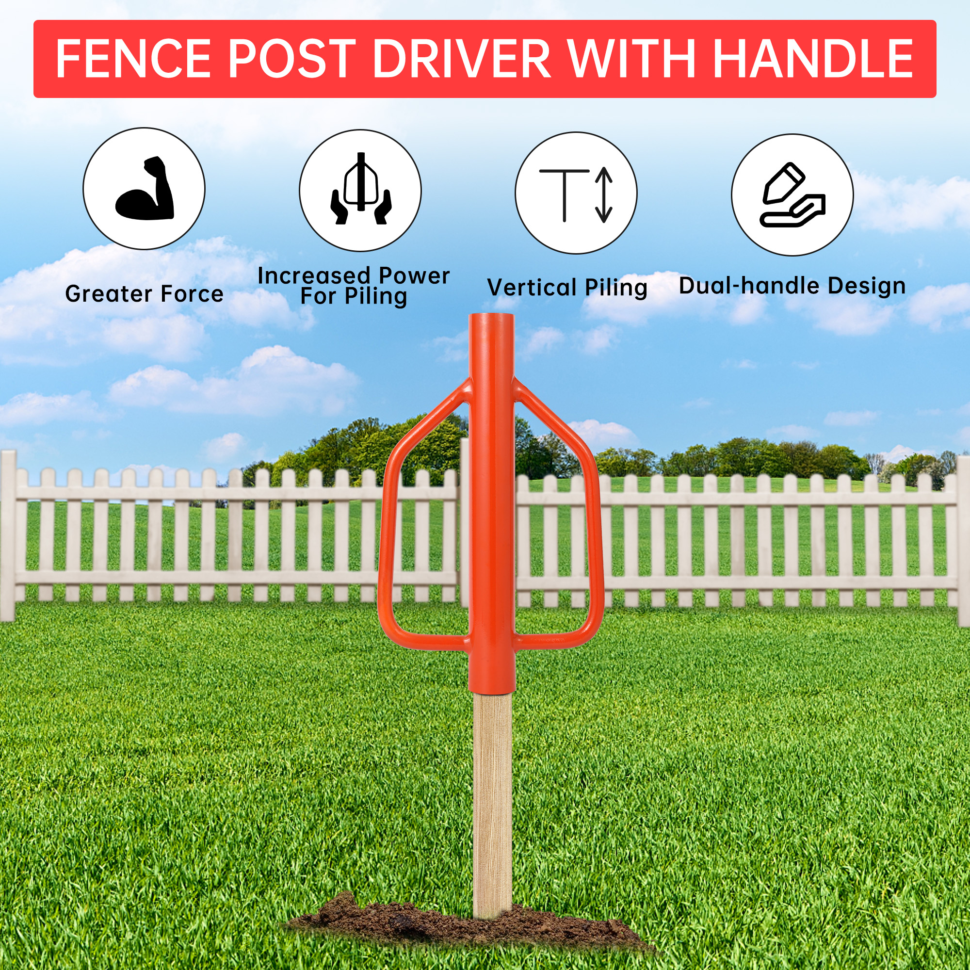 Garvee 18 Lbs Fence Post Driver Heavy-Duty Steel Handles Comfortable Grip Multi-Use for Fence and Sign Installation Orange