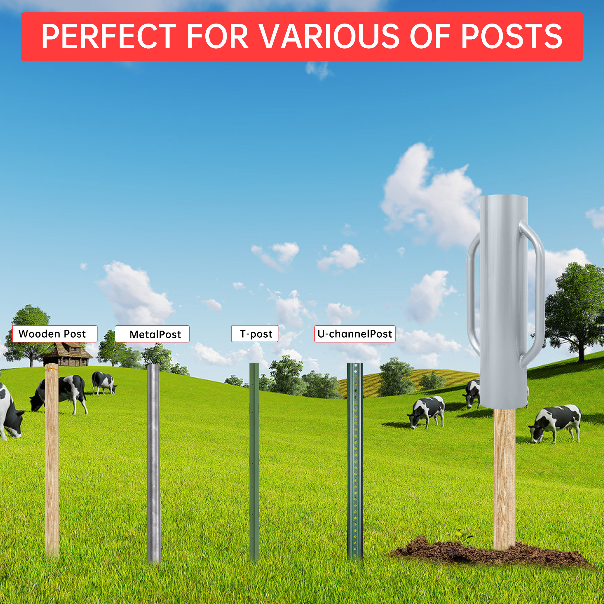 Garvee 37 Lbs Fence Post Driver Heavy Duty Steel Handles Durable Multipurpose T-Post Pounder for Fence Installation Outdoor Use