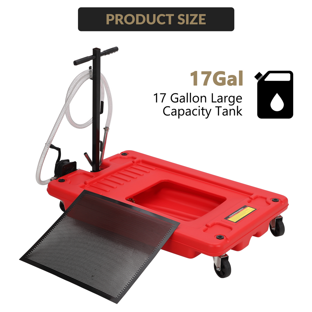 Garvee 17 Gallon Low Profile Oil Drain Pan with Hand Pump, Foldable T Handle, Wheels, Polypropylene, 8FT Hose, for Cars & Trucks