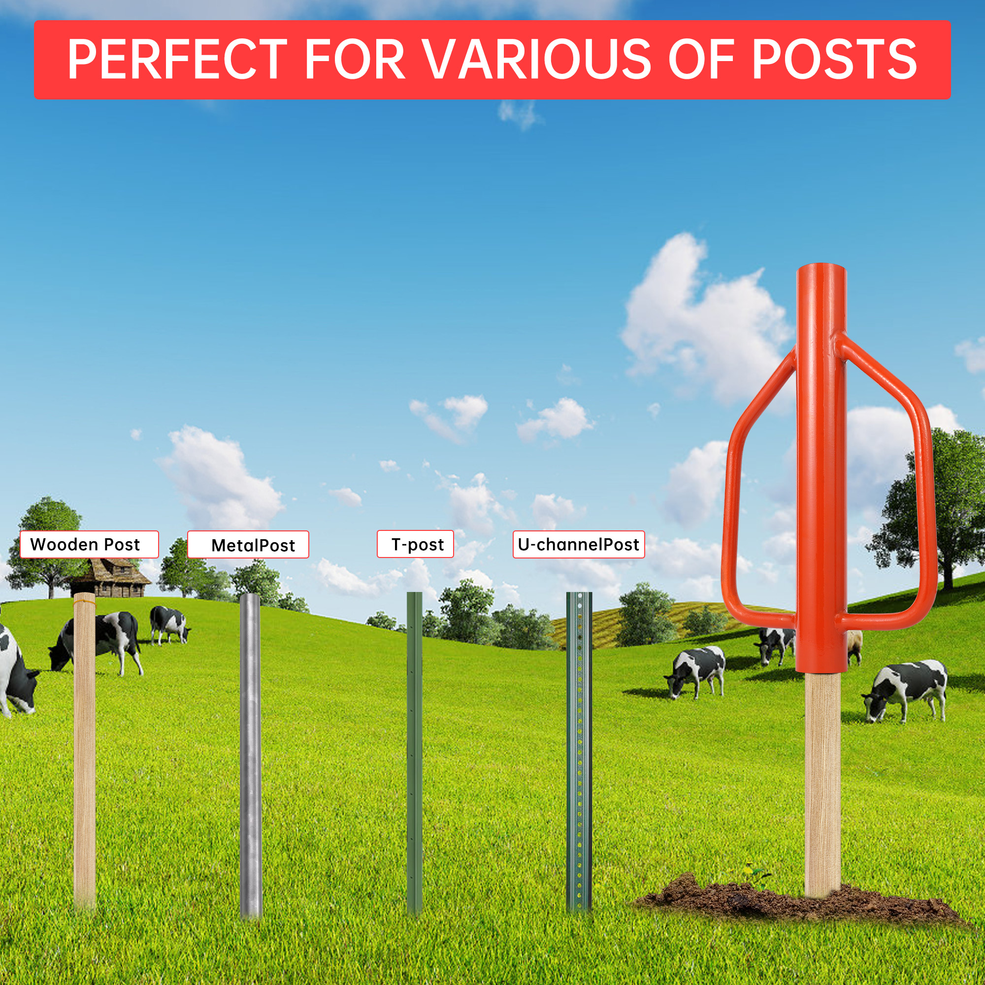 Garvee 18 Lbs Fence Post Driver Heavy-Duty Steel Handles Comfortable Grip Multi-Use for Fence and Sign Installation Orange